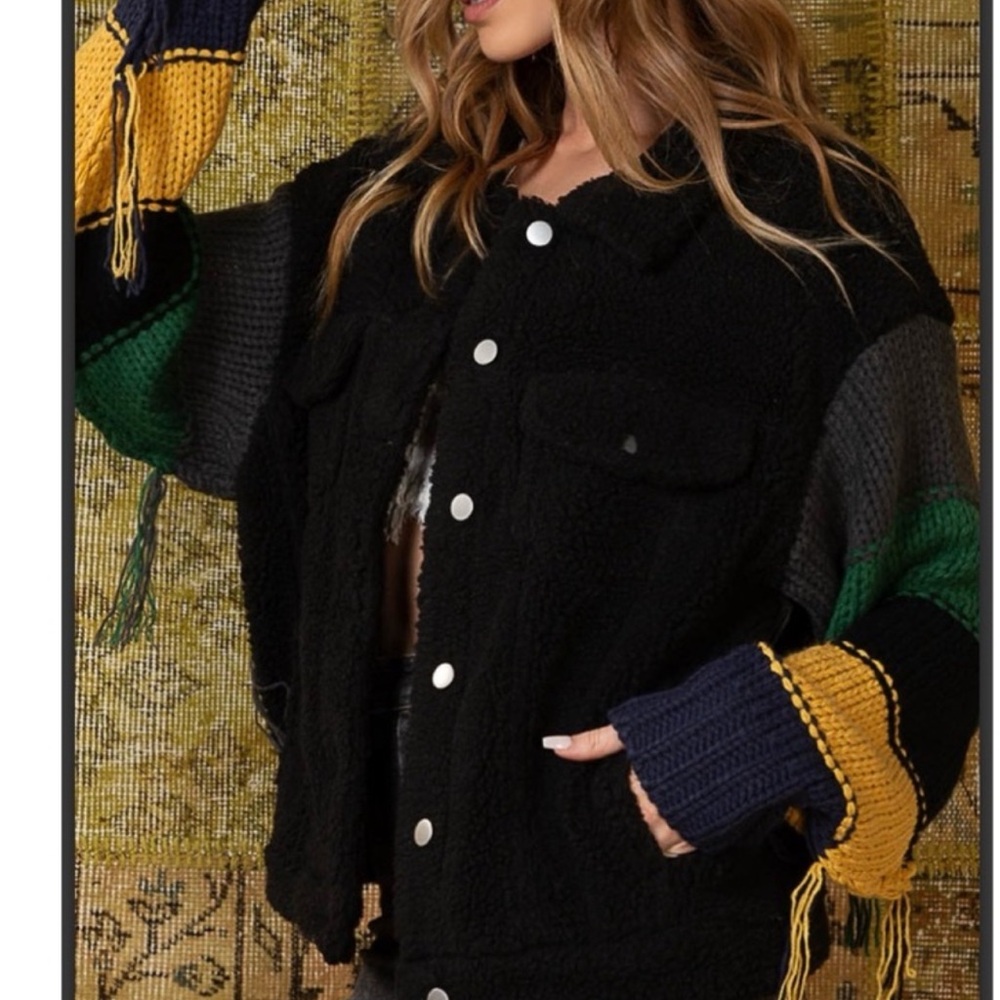 BP21đź–¤POL pristine black fleece trucker jacket w/mustard+ green sleeve details - Picture 5 of 8
